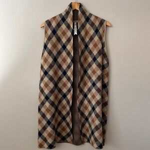 Leo Nicole Womens M Argyle Plaid Long Vest Duster Sweater Cardigan Shawl Collar